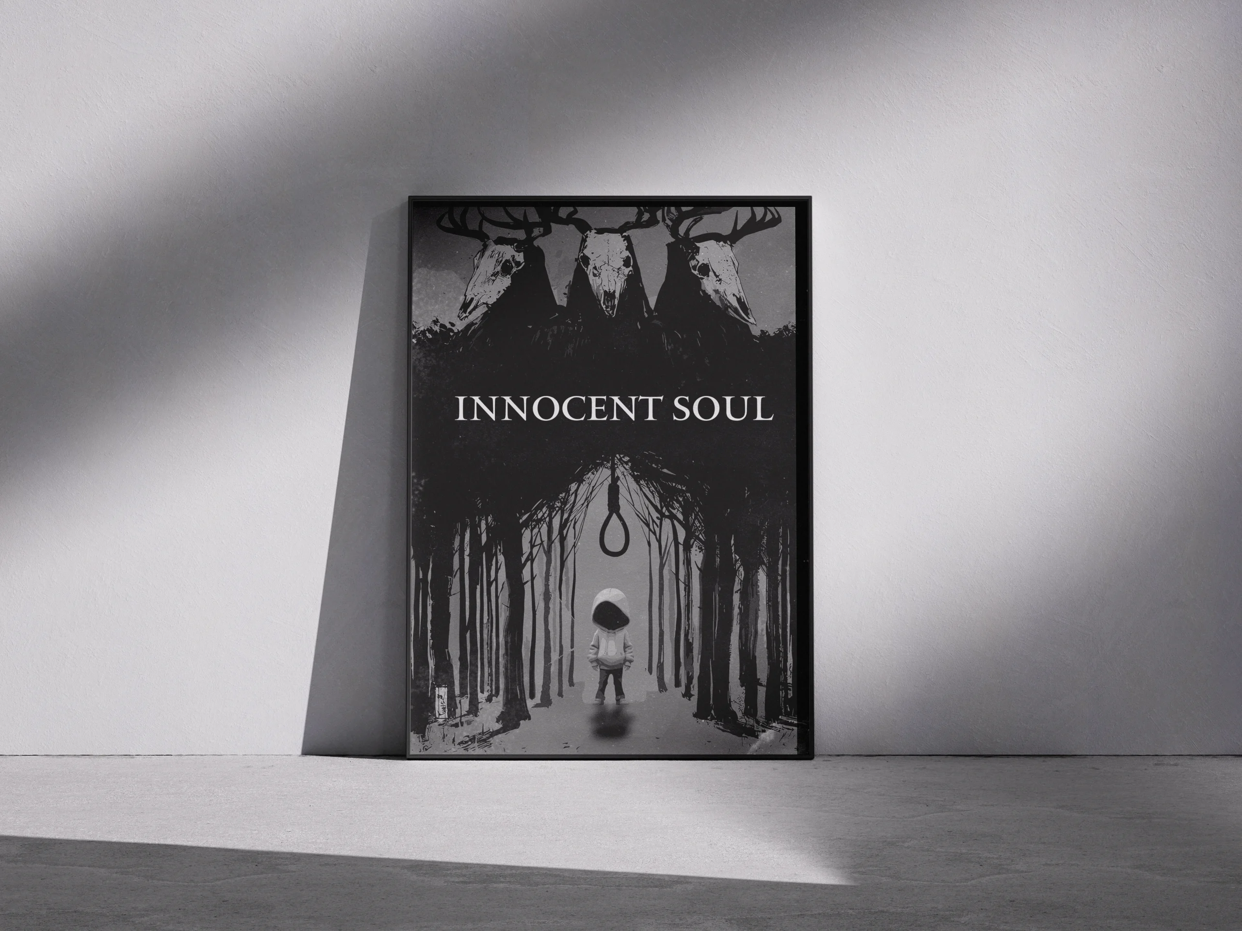 Cette légende capture l'idée de résistance et de lutte intérieure contre un ennemi redoutable, tout en soulignant l'humanité du personnage. Elle s’intègre bien à l'atmosphère sombre et épurée d’un poster en noir et blanc.