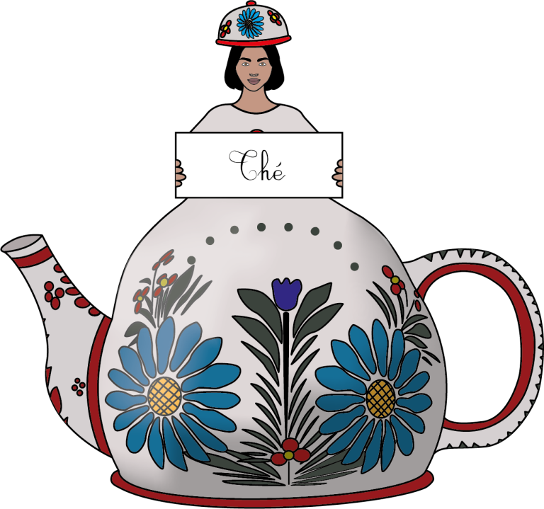 mascotte représentant une femme dans une théière avec un panneau "Thé".
