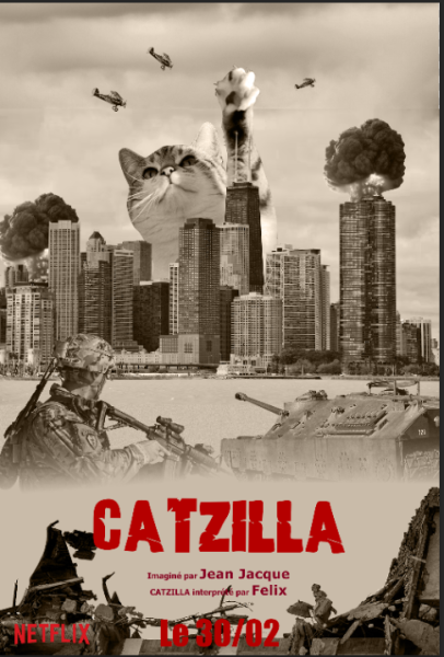 Affiche de film "CATZILLA" en noir et blanc. Un soldat accompagné d'un char regarde en direction de l'arrière plan où un chat détruit une ville.